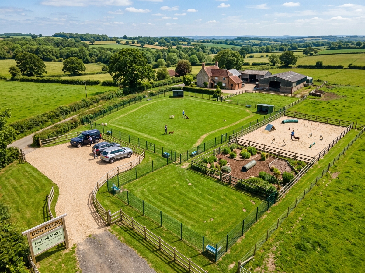 Aerial showcase of a converted multi-zone secure dog field facility